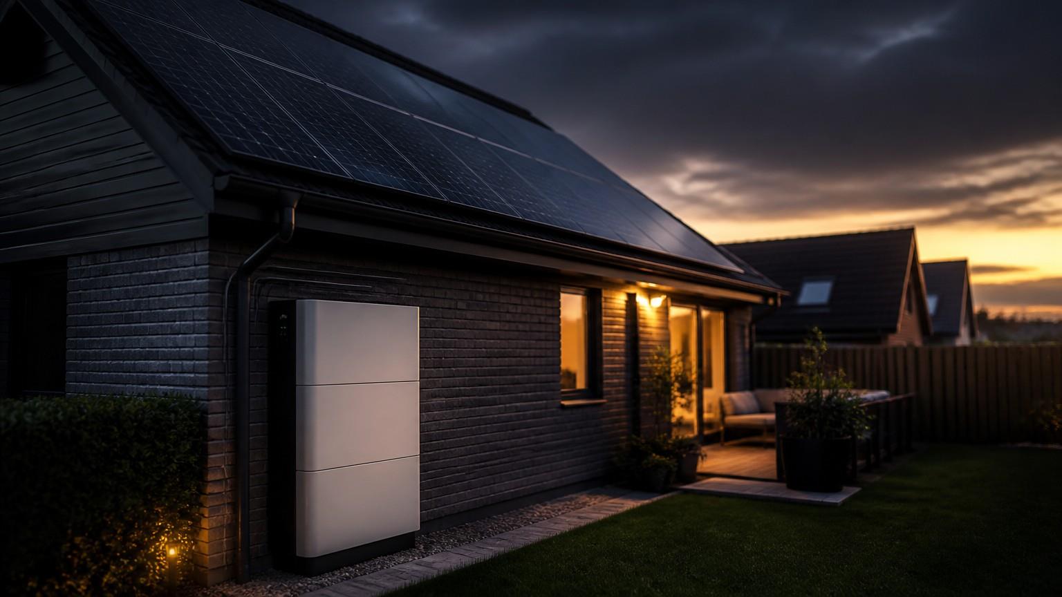 Solar panels and battery storage unit at sunset