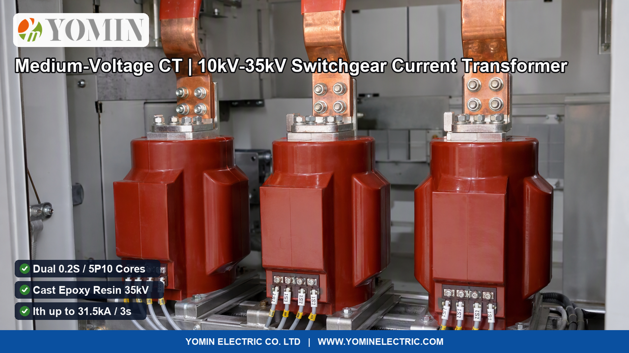 Three medium-voltage cast epoxy resin Current Transformers (Model LZZBJ9 series, 12kV rating) installed upright with copper busbars inside an air-insulated switchgear cubicle