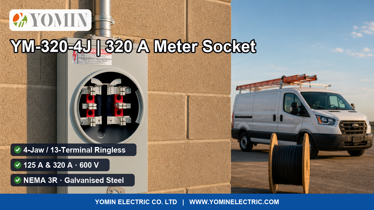 Four-jaw ringless meter socket installed on a rendered wall with service mast and conduit at golden hour