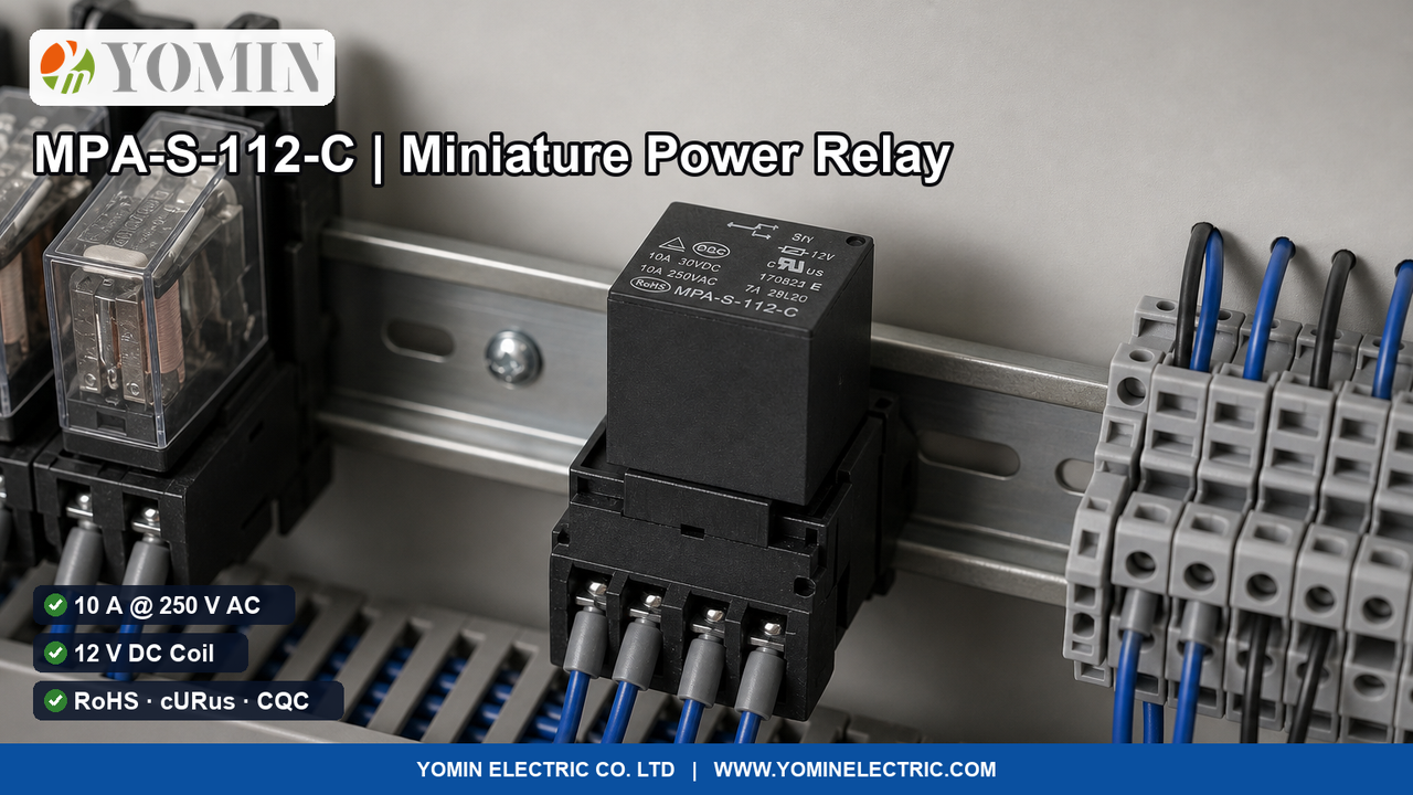 Black sealed miniature power relay MPA-S-112-C with 10A 250VAC contacts and 12V DC coil