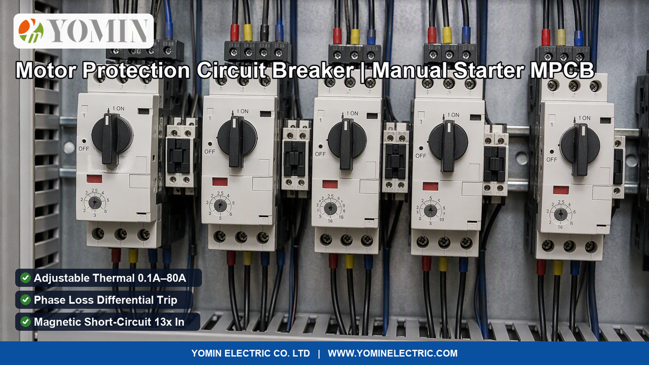 Bank of modular DIN-rail Motor Protection Circuit Breakers actively operating inside an industrial Motor Control Center panel