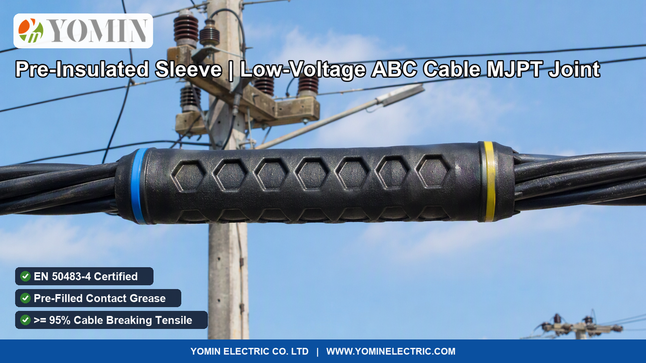 Heavy-duty Pre-Insulated Aluminium Compression Joining Sleeve (Model MJPT) installed on a low-voltage overhead Aerial Bundled Conductor (ABC) power line