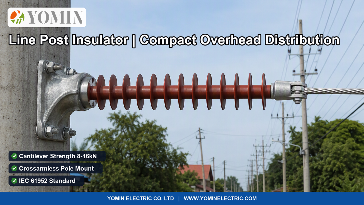 Composite Polymer Line Post Insulator (Model FPB series, 33kV) mounted horizontally on a round concrete utility pole with clamp-top holding an ACSR conductor