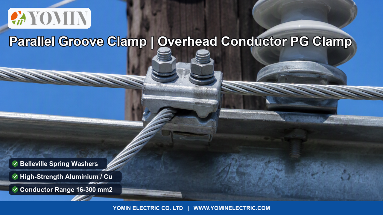 Heavy-duty two-bolt aluminium Parallel Groove Clamp (PG Clamp Model JB) installed on an outdoor overhead power distribution utility pole crossarm