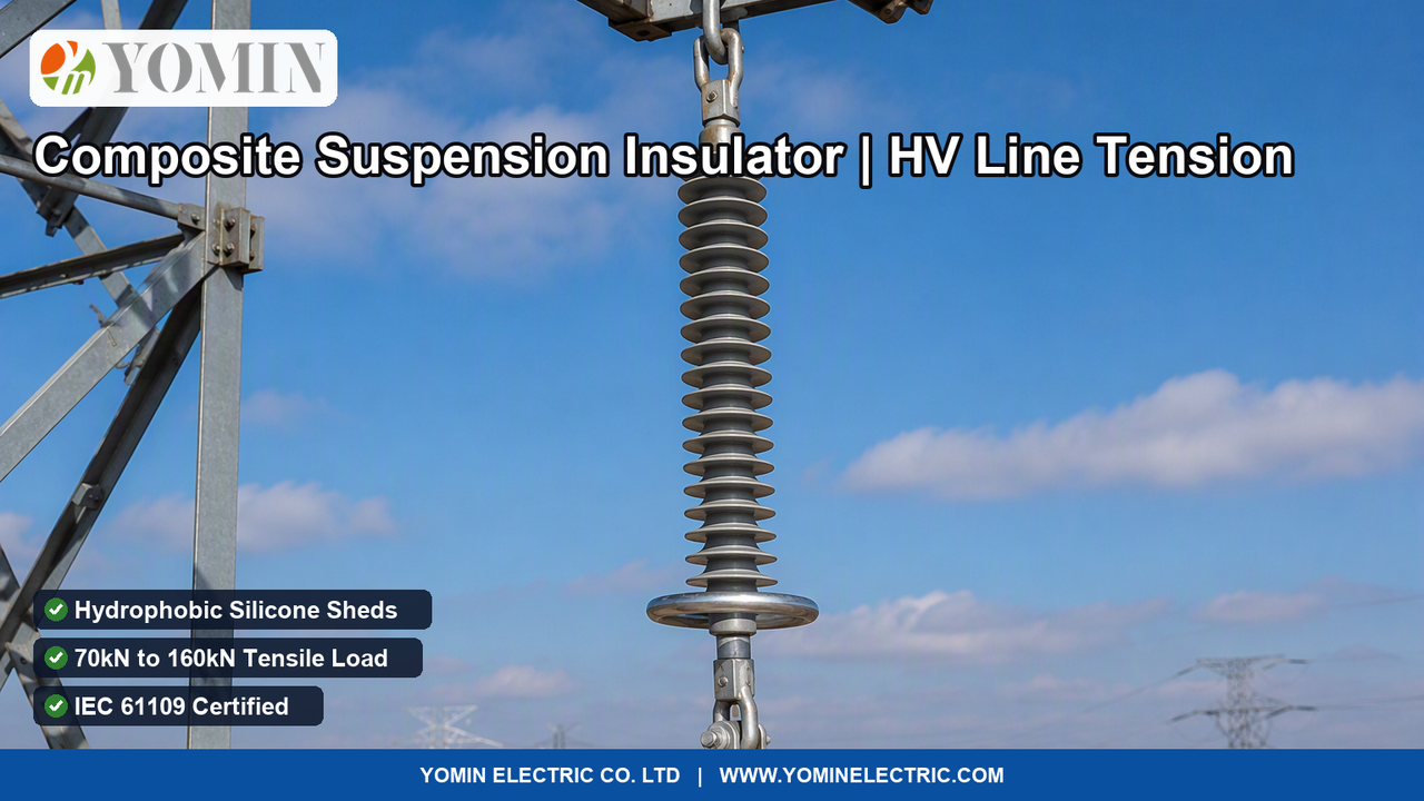 عازل معلق مركب من البوليمر للجهد العالي (موديل FXBW، جهد 110kV، قوة شد 100kN) معلق على ذراع برج نقل كهربائي شبكي