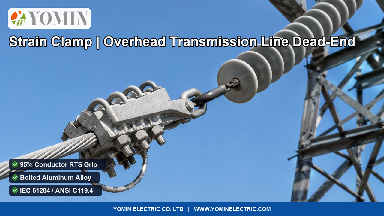 Heavy-duty bolted aluminum alloy Strain Clamp (Model NLL series) anchored to a composite insulator string at a transmission line dead-end steel lattice tower