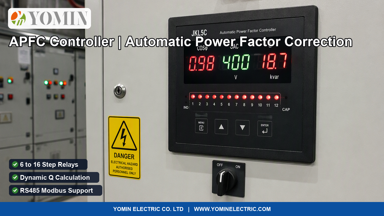 Controlador digital automático de factor de potencia (Serie JKL5C) montado al frente de un tablero de banco de capacitores mostrando el cos phi y luces LED de pasos