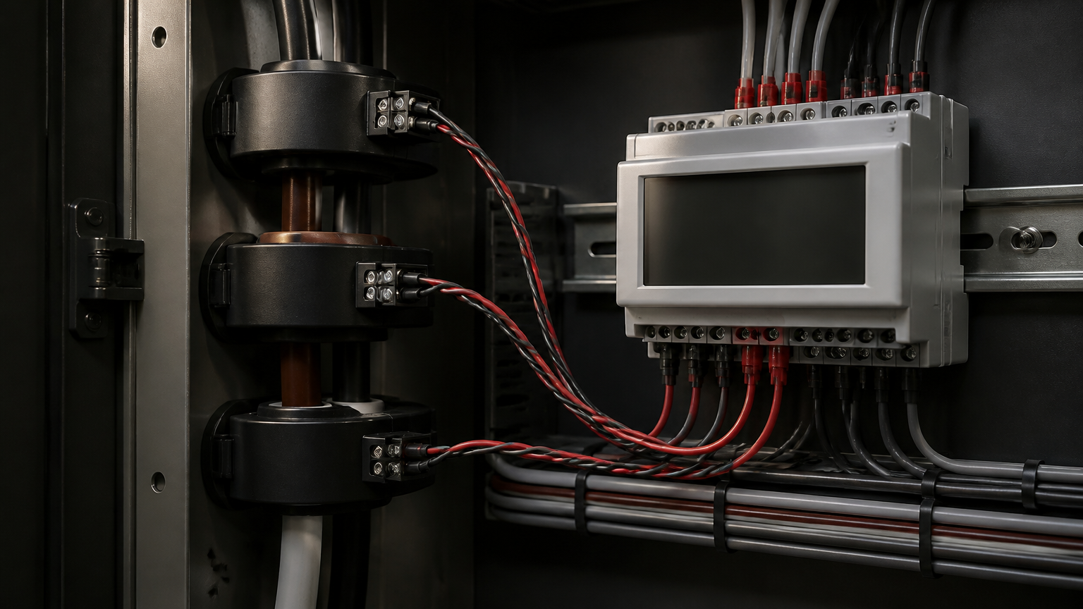 Power meter wired with current transformers in an electrical panel