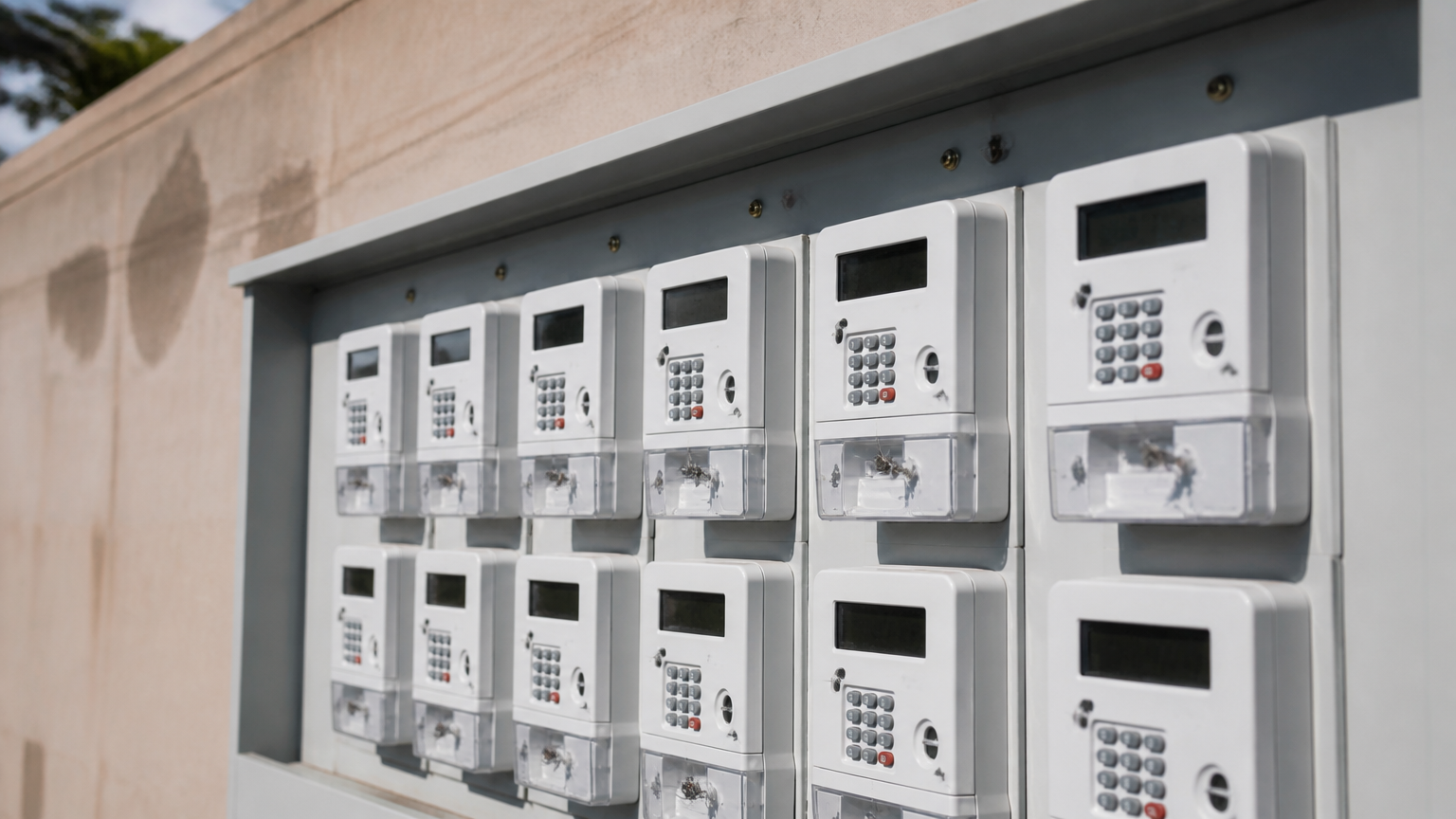 Prepaid electricity meters on a utility distribution panel