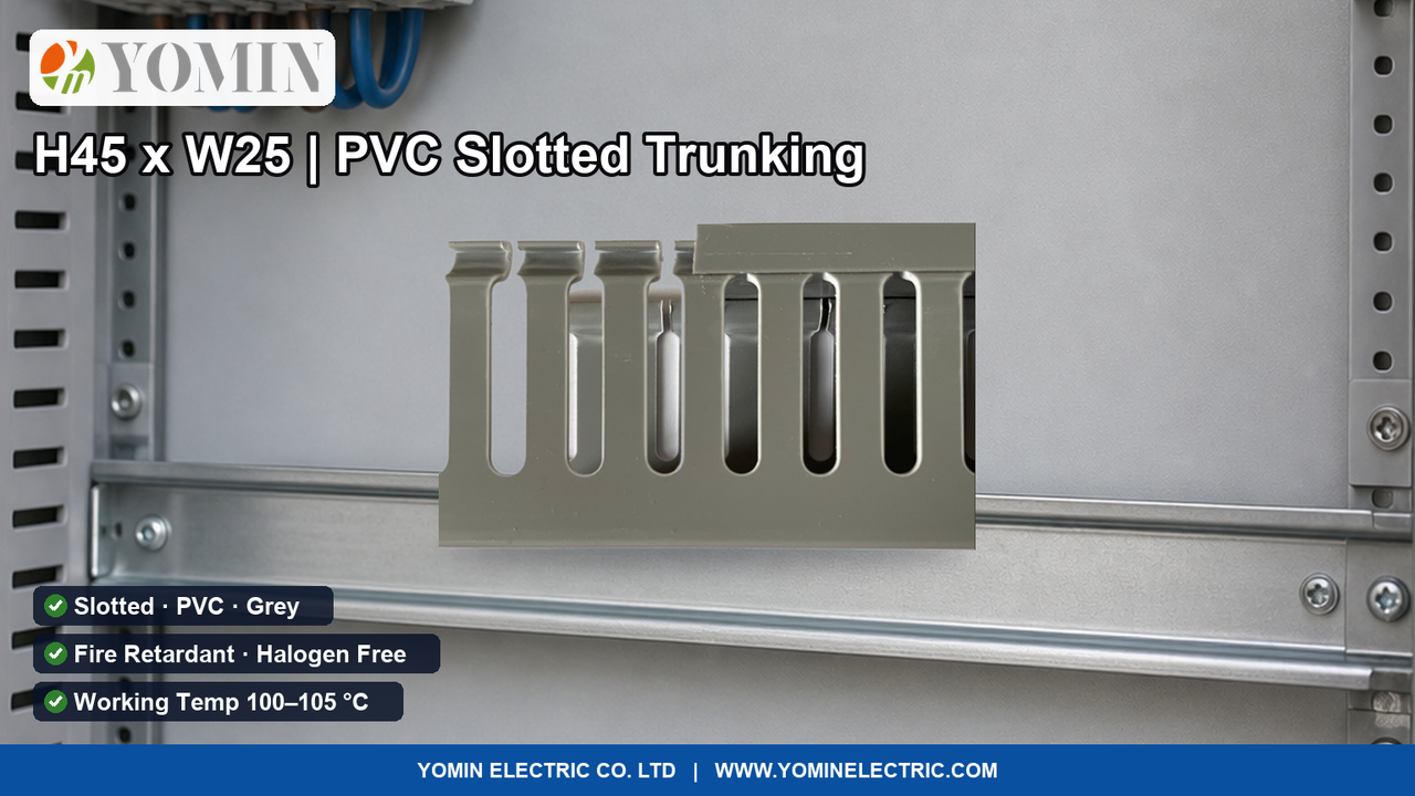 Grey slotted PVC cable trunking with snap-on cover for control panel wiring