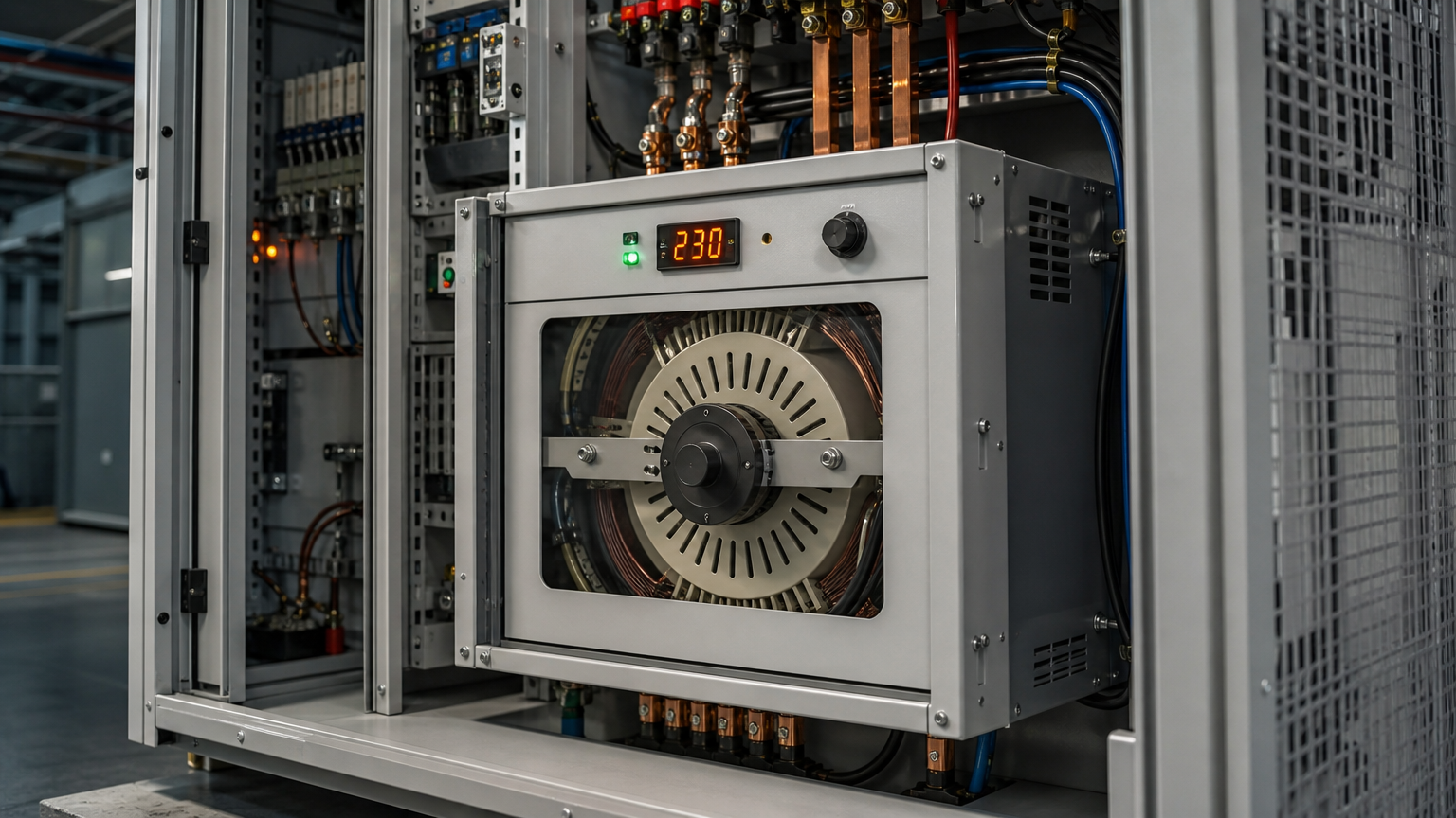 Servo motor voltage stabilizer installed in an industrial distribution panel
