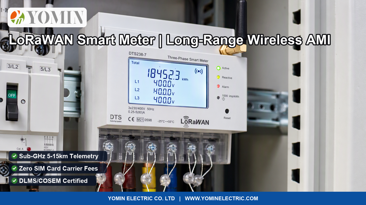 Three-phase digital LoRaWAN Smart Electricity Meter (Model DTS series) installed on a DIN-rail inside an electrical panel showing kWh readings and wireless RF antenna