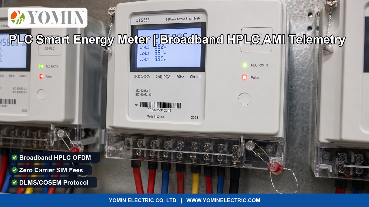 Three-phase digital PLC Smart Electricity Meter (Model DTS series) installed with sealed power cables and active Power Line Carrier communication LEDs