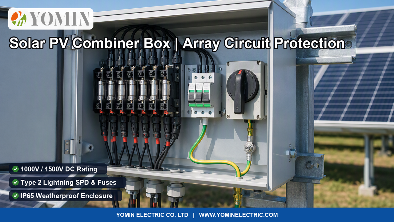 Commercial DC solar combiner box actively installed on an outdoor photovoltaic solar array with open door showing internal fuses, SPD, and disconnect switch