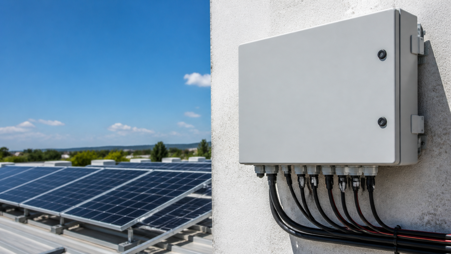 Solar combiner box in a photovoltaic installation combining DC strings with fusing and surge protection
