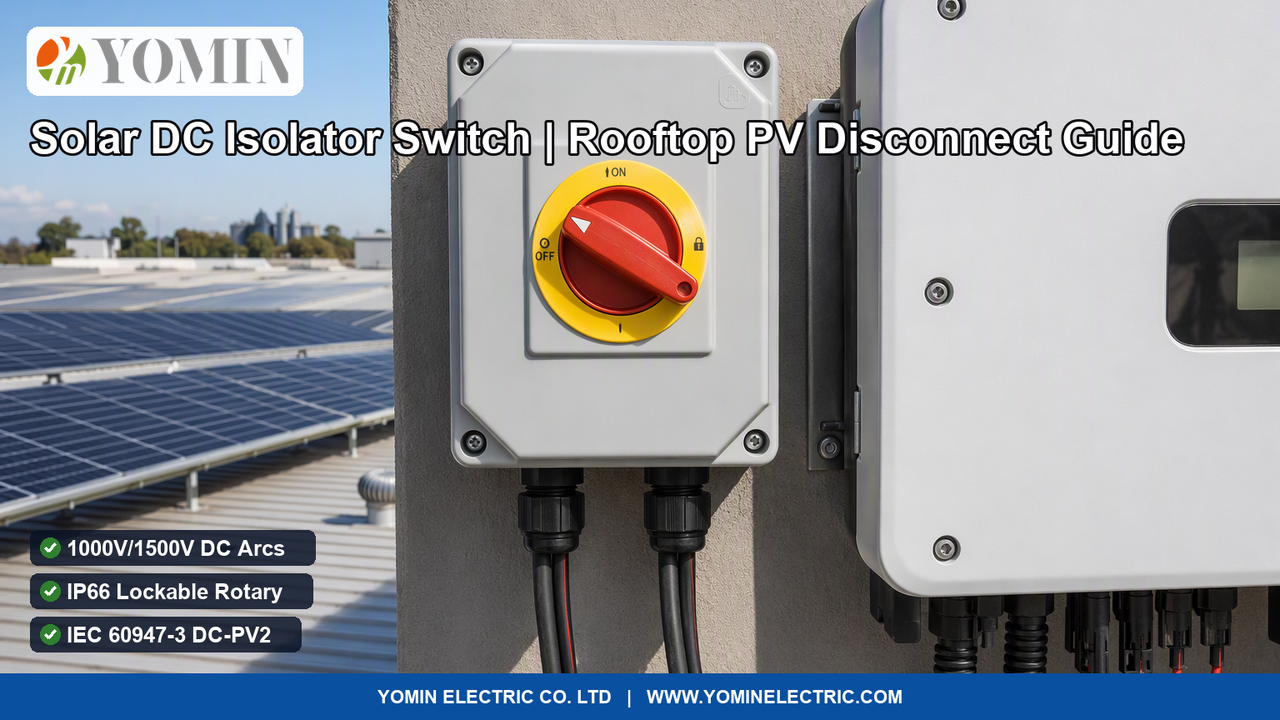 Exterior commercial building wall showing an IP66 outdoor waterproof rotary solar DC isolator switch mounted adjacent to a solar string inverter
