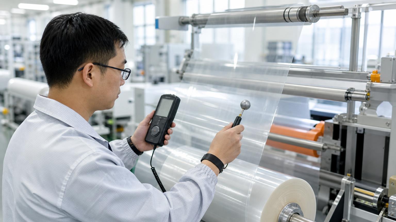 Static field meter measuring electrostatic buildup in a clean production environment