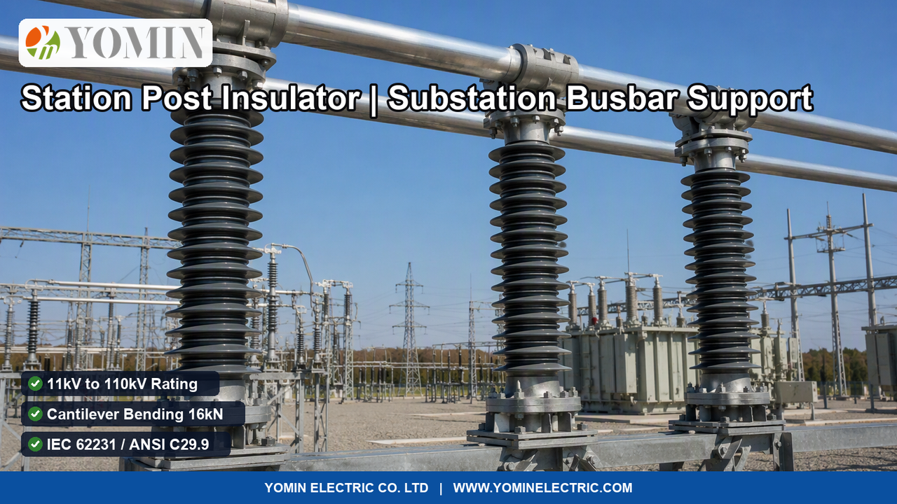 ثلاثة عوازل بوليمرية مركبة حاملة لمحطة التحويل (موديل FZSW، جهد 110kV) تحمل قضبان توزيع ألومنيوم أنبوبية في ساحة محطة تحويل خارجية