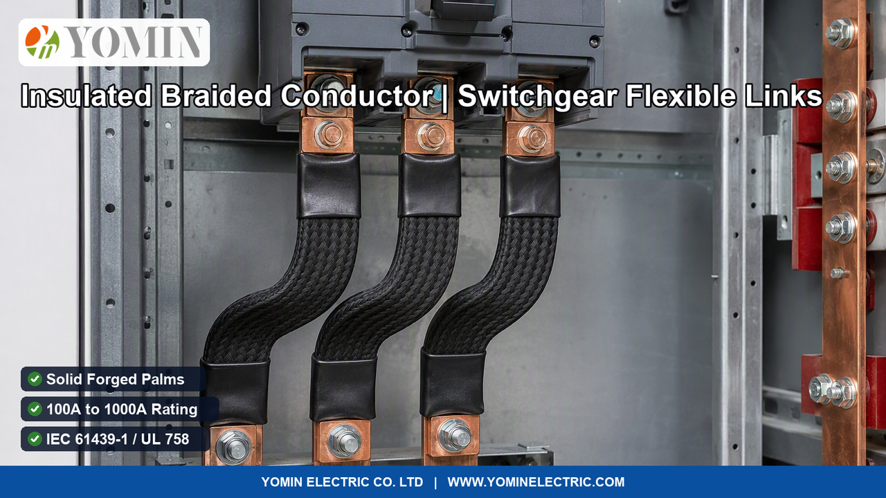 Three black insulated flexible copper braided conductors (Model IBSB series, 400A rating) with solid forged palms bolted between a circuit breaker and distribution busbars