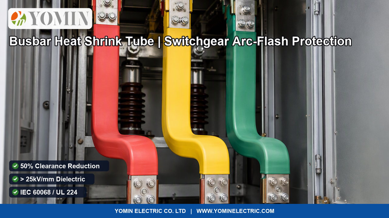 Medium-voltage copper distribution busbars insulated with radiation cross-linked polyolefin Busbar Heat Shrink Tubing (Model MPBS series) inside electrical switchgear