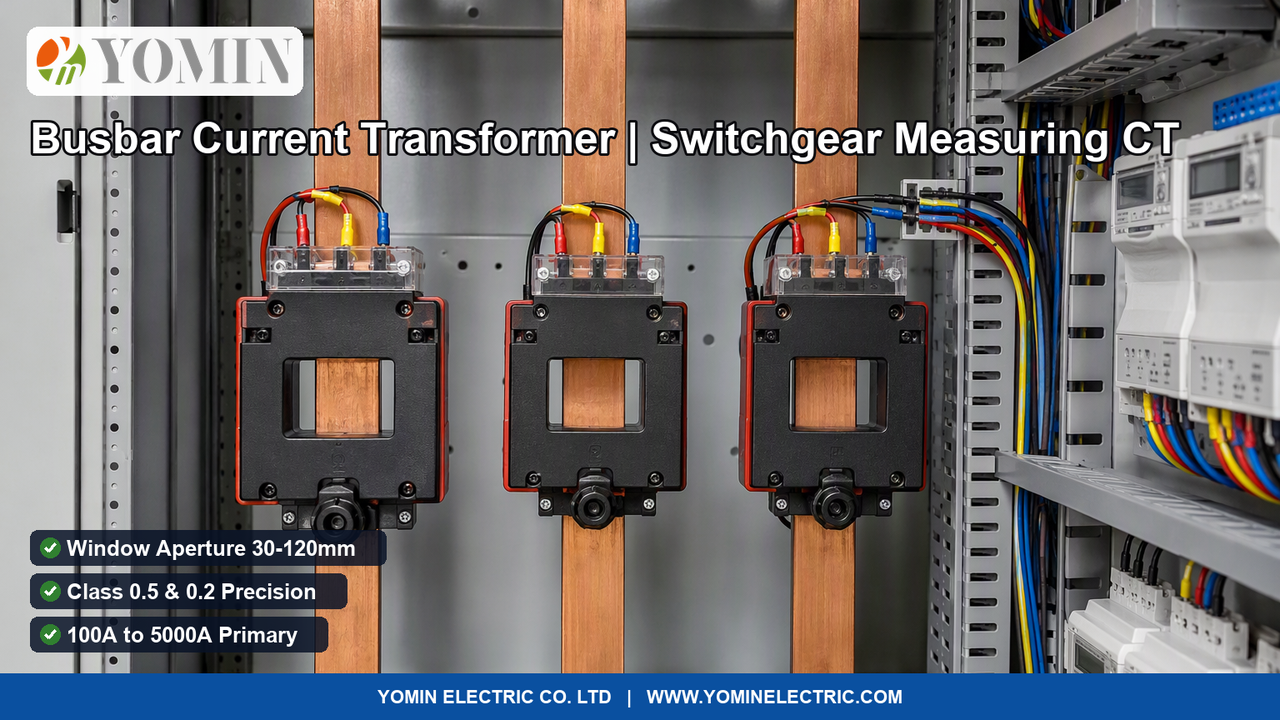 Low-voltage measuring Busbar Window-Type Current Transformer (Model MSQ series, Class 0.5) mounted directly over vertical copper busbars inside an electrical switchboard