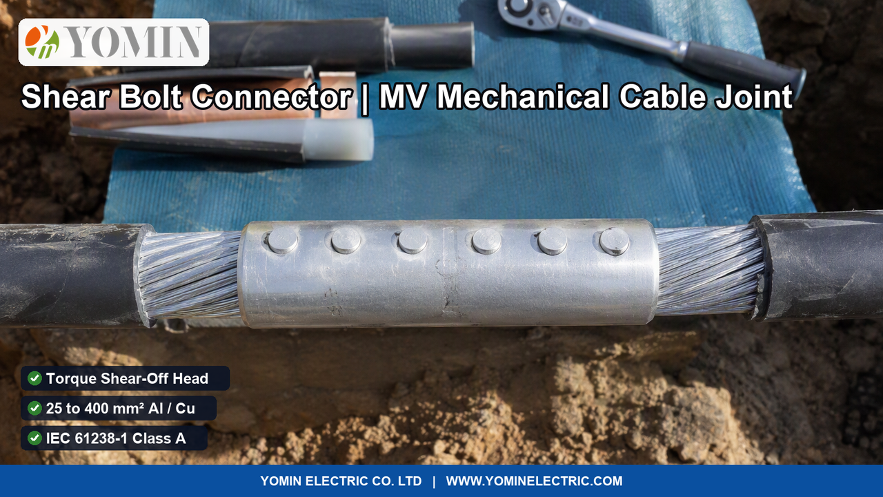 Heavy-duty Shear Bolt Mechanical Cable Connector (Model BLMT series) with flush sheared torque bolt heads connecting underground medium-voltage XLPE power cables