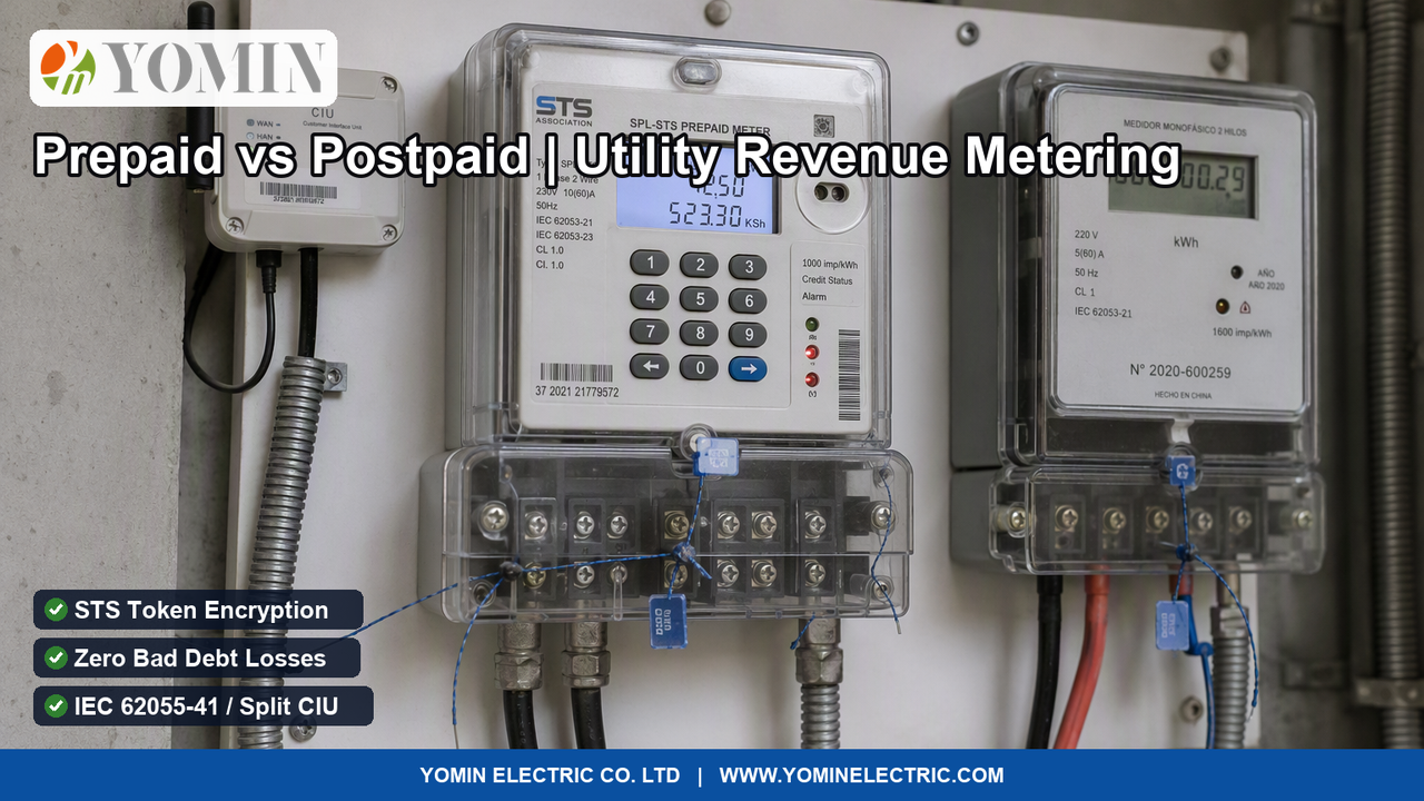 Apartment electrical room wall installation comparing an STS keypad prepaid smart electricity meter side by side with a legacy postpaid meter