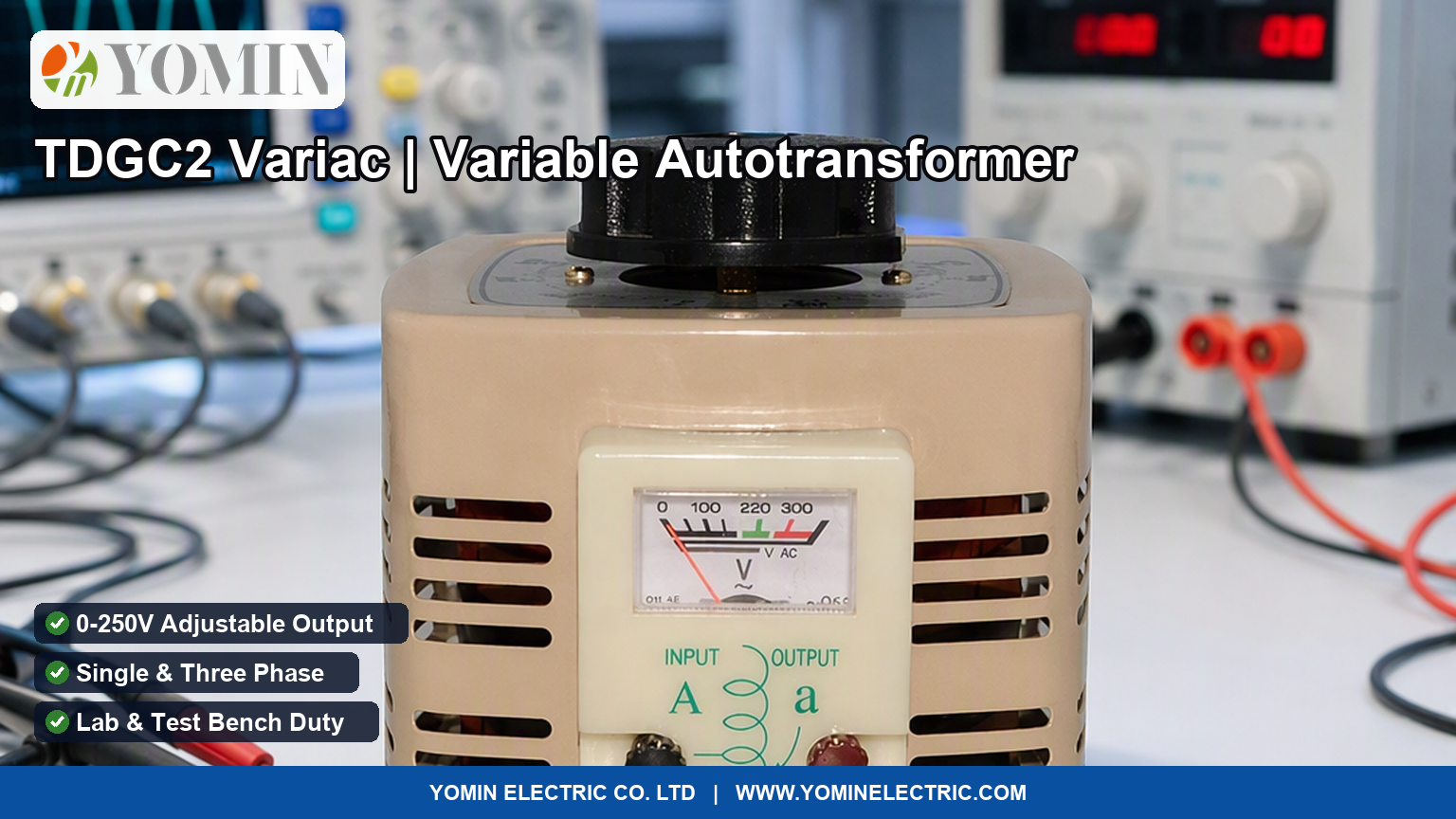 The operating principle of the variable autotransformer (variac), how it differs from an isolation transformer, single- vs three-phase types, and the selection fields that matter: kVA, current, output range and duty.