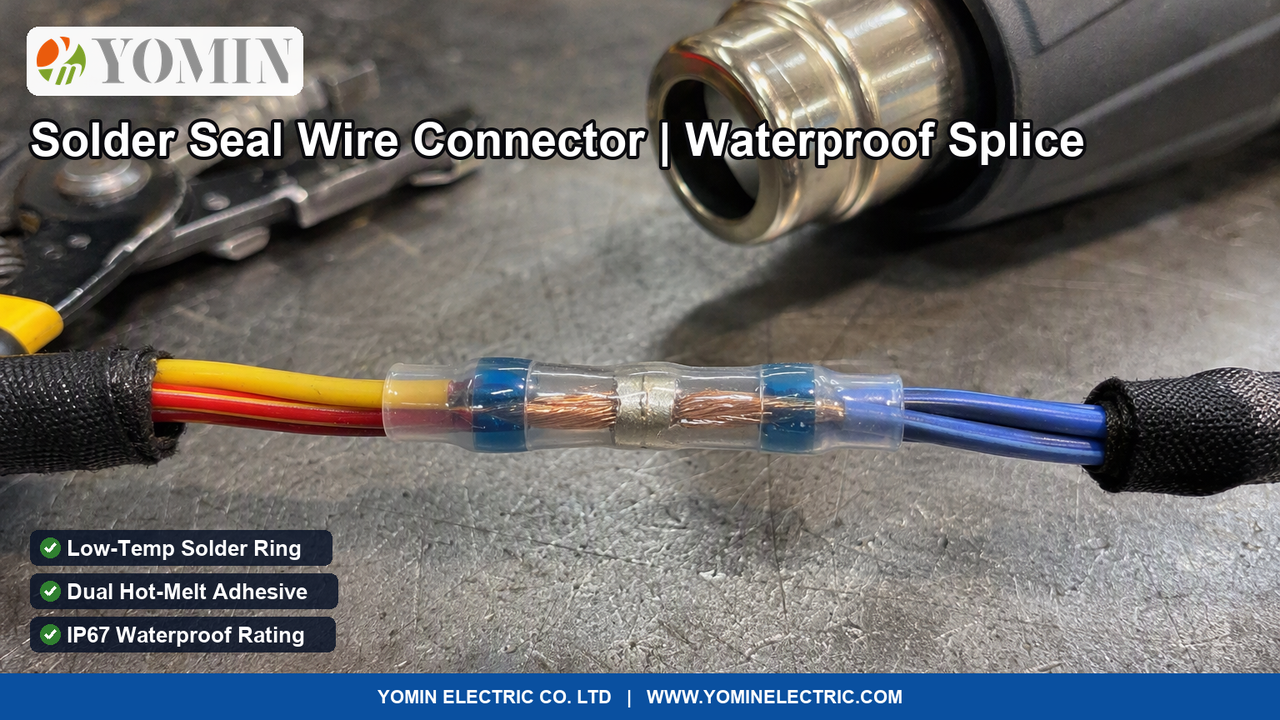 Conector termocontráctil con soldadura transparente (Serie SST con anillos azules) con soldadura fundida formando un empalme impermeable IP67