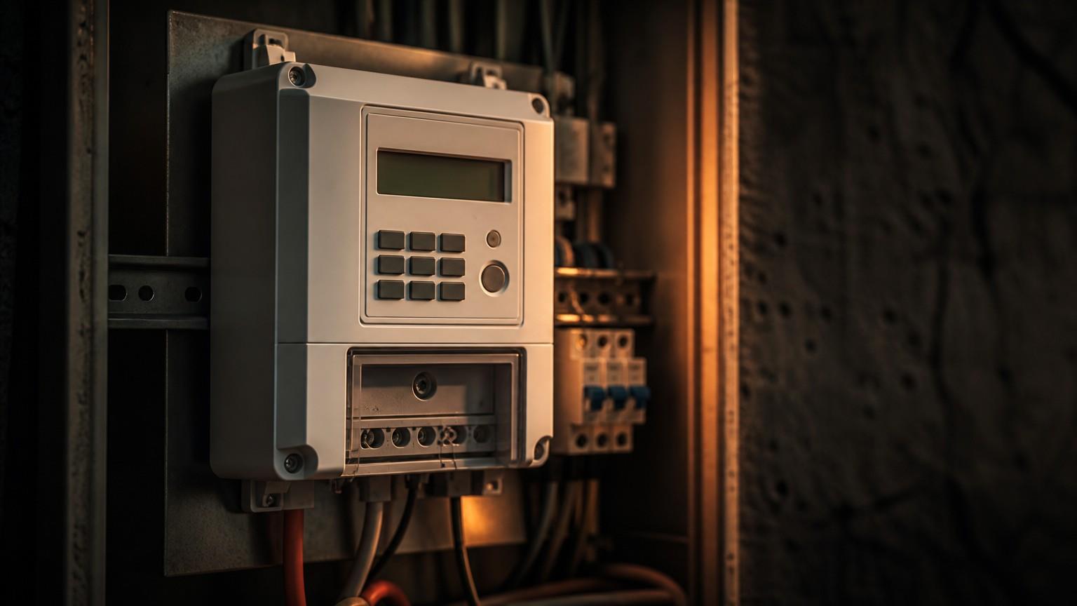 Prepaid electricity meter mounted on a DIN rail in a distribution panel