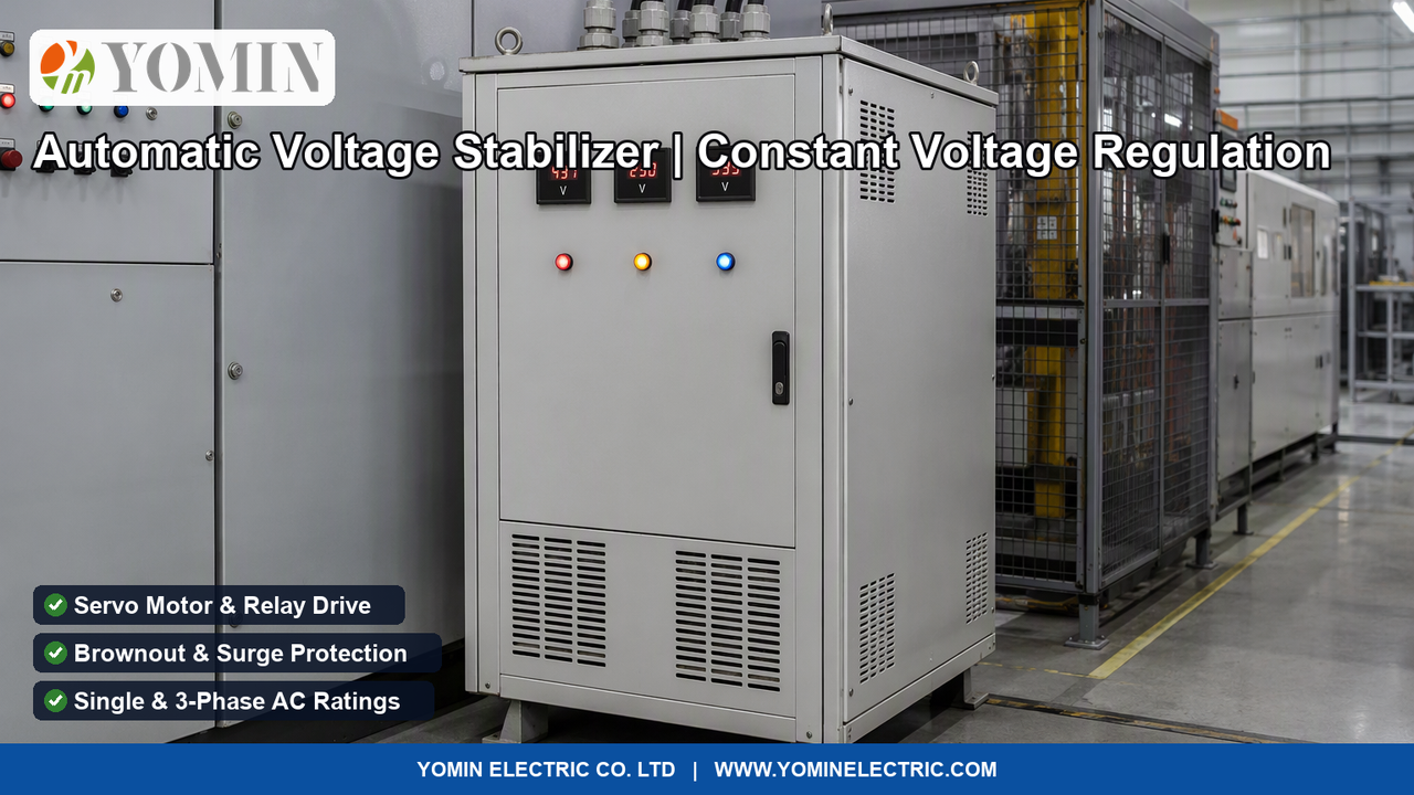 Industrial automatic AC voltage stabilizer operating on a factory floor with digital meters displaying stable 230V/400V output