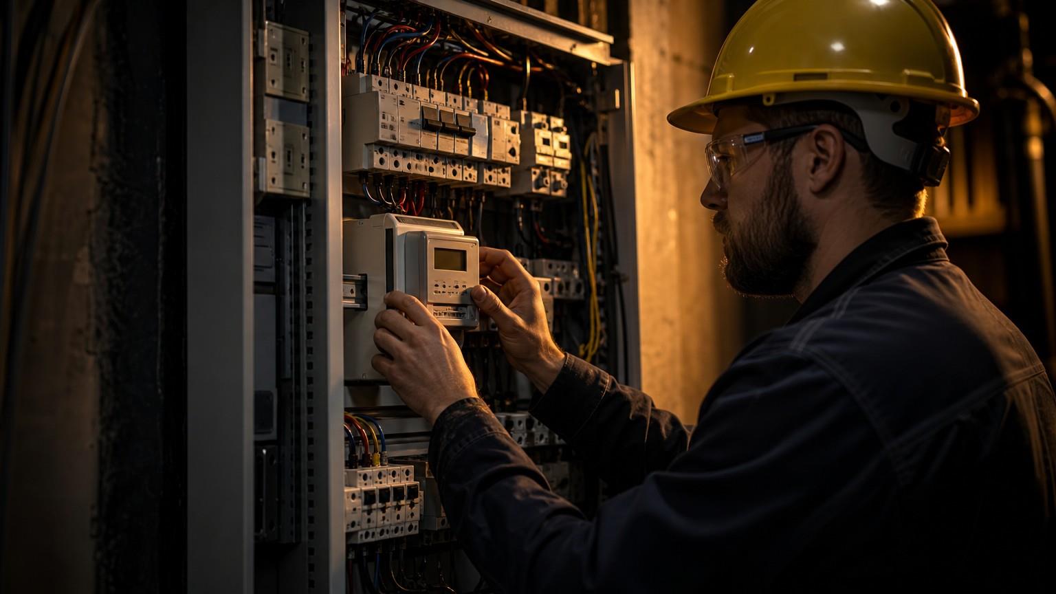 Engineer inspecting an energy meter in an electrical cabinet