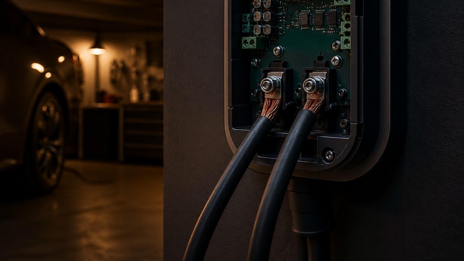 6 AWG copper wire connected to a 50 amp EV charger terminal