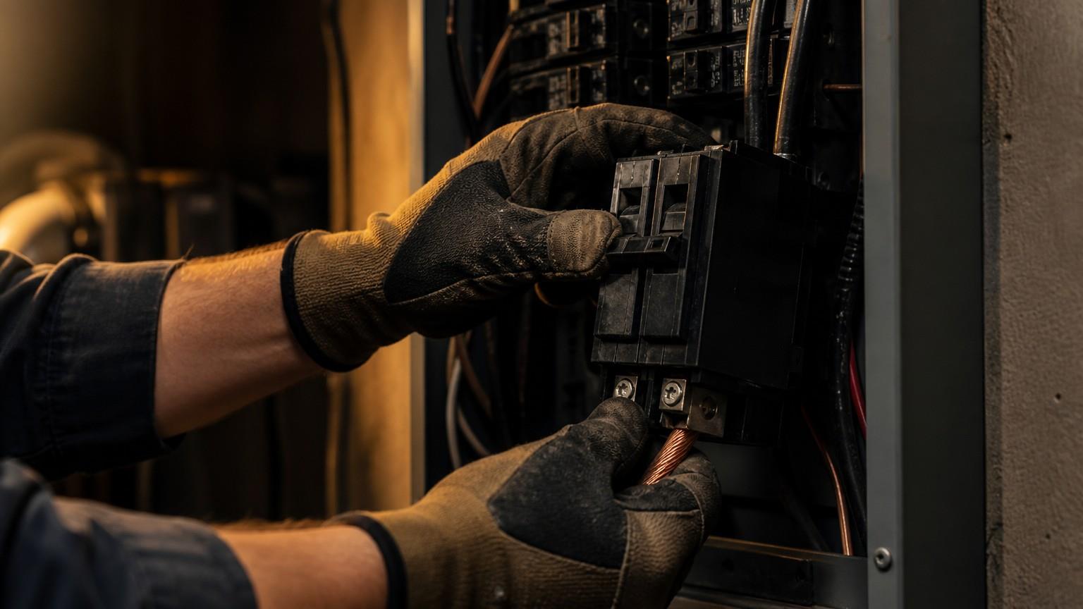 فني كهرباء يركّب قاطع 60 أمبير مع سلك نحاس 6 AWG