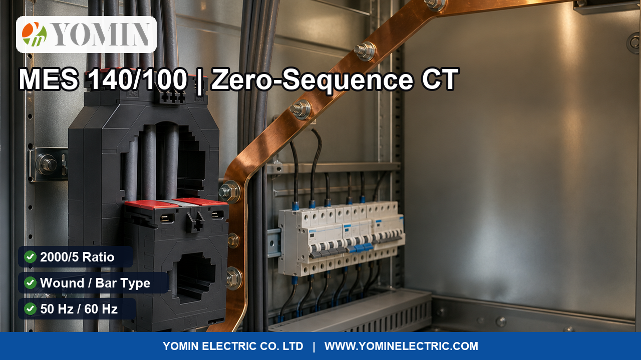 Zero-sequence toroidal current transformers with red terminal covers mounted on busbar conductors inside a low-voltage distribution panel