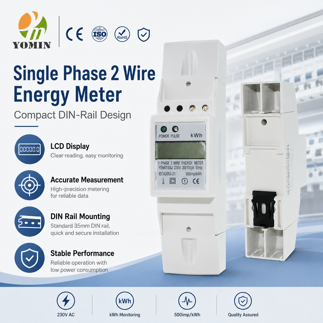 YEM015SJ Single-Phase Digital Electronic LCD Kwh Meter 2-Pole Modules DIN Rail Installation with RS485 Watt-Hour Display