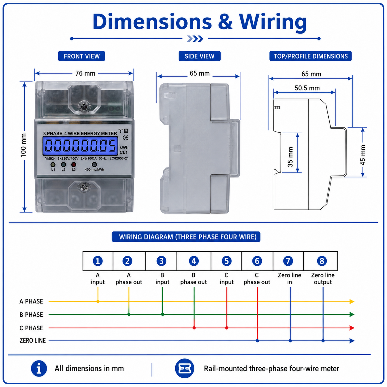 Factory Price 4P LCD 230V Rail-mounted Electricity AC Active Three Phase 4 Wire Energy Meters with Transparent Cover & Backlight