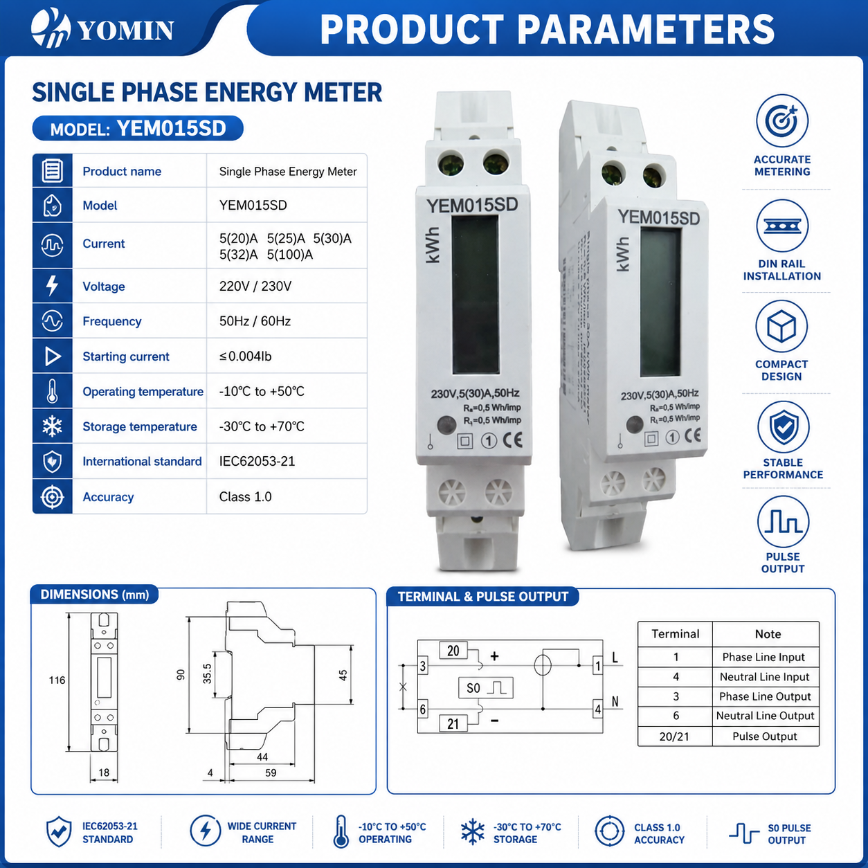 Factory Single Phase 230V 30A Household Electronic Din Rail Energy Meter LCD Display Kilowatt kWh Energy Meter Power Meter