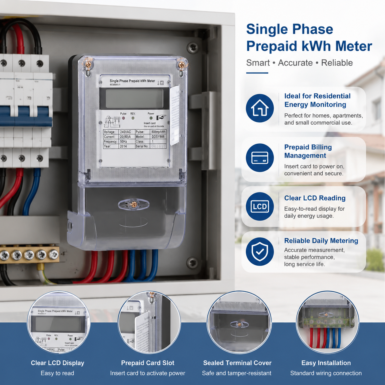 Single Phase Prepaid KWH Meter Installed Front Board Front-Loaded Digital IC Card Energy Meter for Prepaid Electricity Supply
