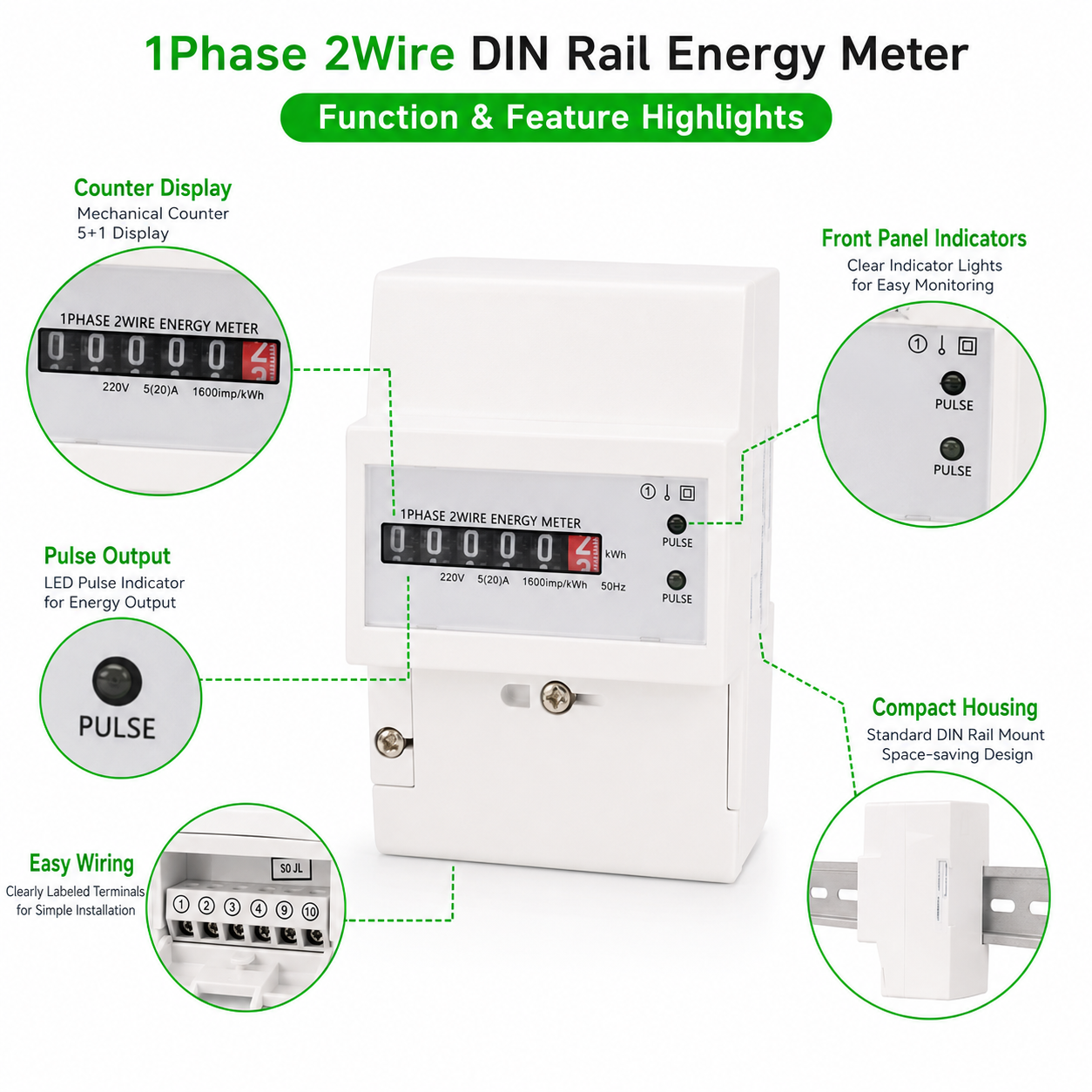 Digital Display Long-Tail Pulse Port 35-mm DIN Rail Type RS485 Kilowatt-Hour Electricity Single Phase Smart Meter Energy Meters