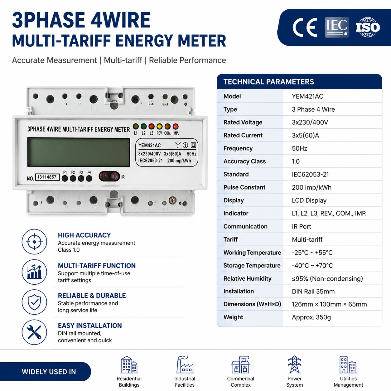 Dual Display Options 3 Phase 4 Wire Three-Phase Din Rail M-Bus Active and Reactive Infrared Kwh CT Included Energy Meter