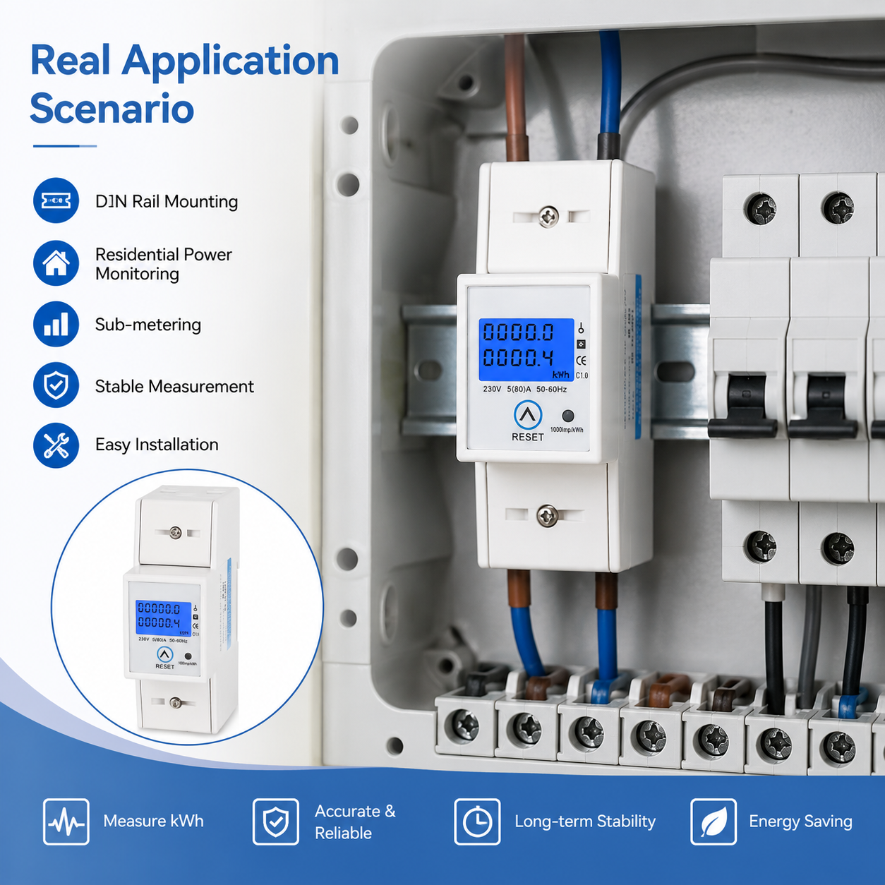 Single-Phase Din Rail LCD Display Key Reset Electric Meter Household Rail-Mounted 5 80A 230V KWH Meter Energy Meter for Shops