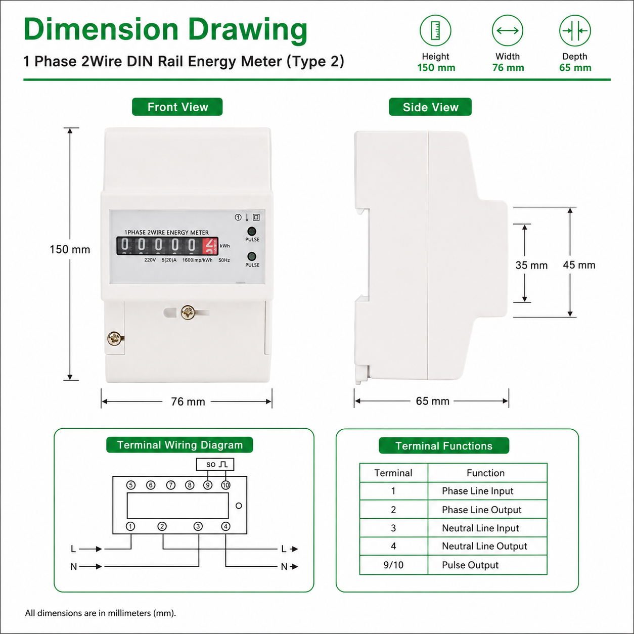 Digital Display Long-Tail Pulse Port 35-mm DIN Rail Type RS485 Kilowatt-Hour Electricity Single Phase Smart Meter Energy Meters