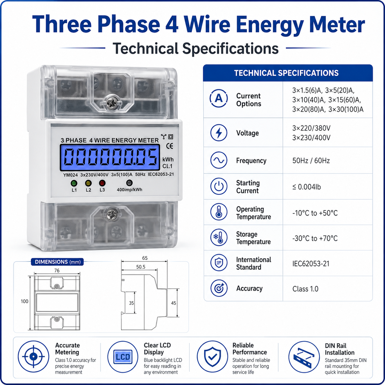 Factory Price 4P LCD 230V Rail-mounted Electricity AC Active Three Phase 4 Wire Energy Meters with Transparent Cover & Backlight