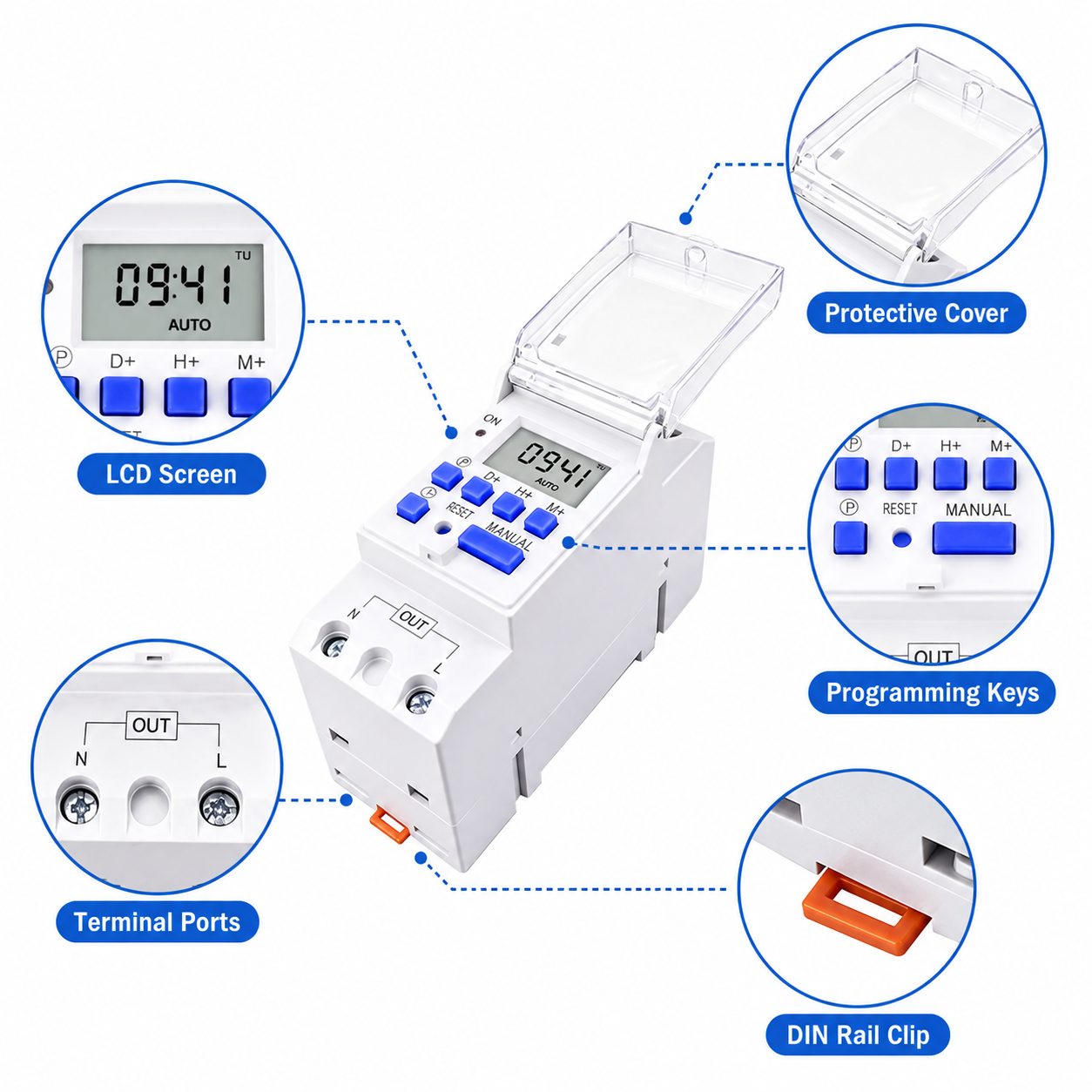 30A IP65 60Hz 1NO 1NC Din Rail Single Phase Weekly 7 Days Programmable Battery Powered Digital Time Switch Relay Timer