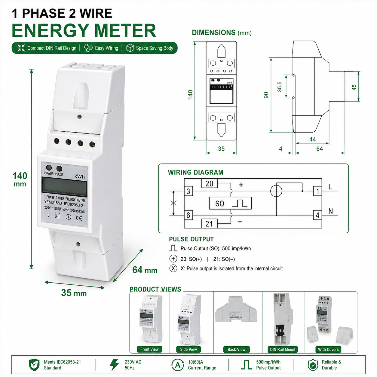 New Type  Lcd Display and Pulse Output 35mm Standard DIN Rail Active Electric Single Phase 2P Din Rail Digital Energy Meter