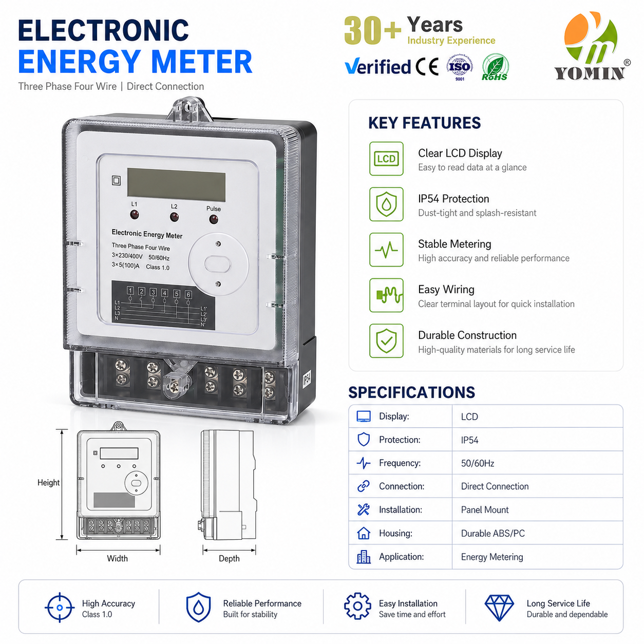 Factory Direct Sale ISO 9001 50HZ/60HZ Bidirectional Eletronic Energy Meter Two Phase LCD Display Power Meter Energy Meters
