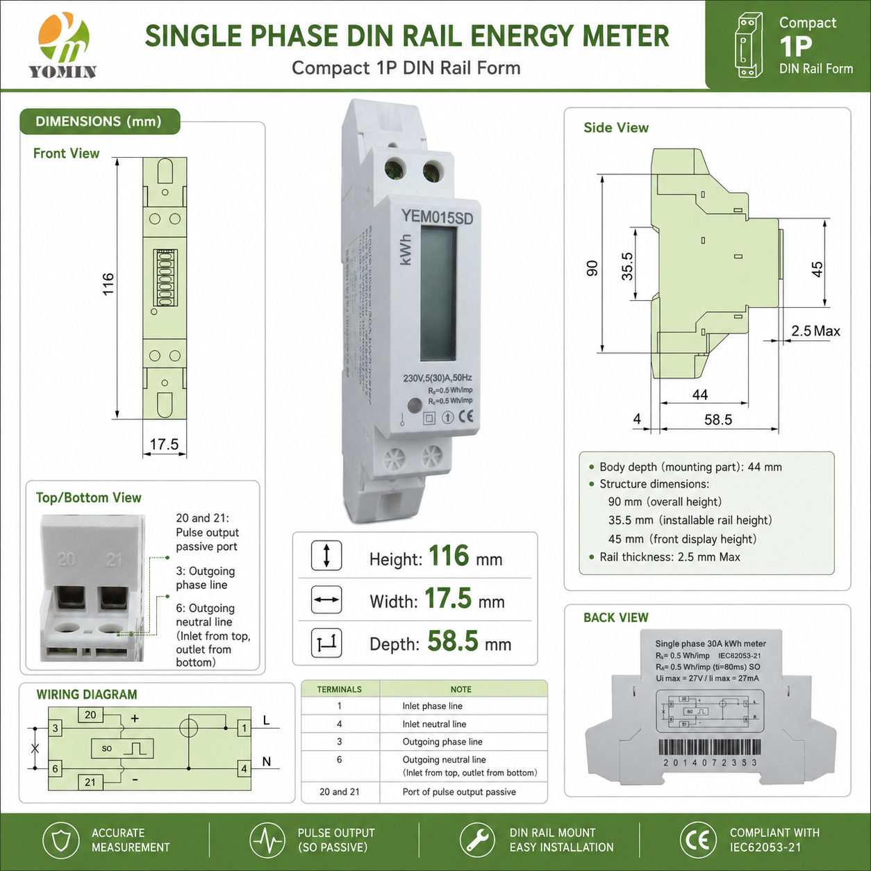 LCD Display 5(30)A Active Net Metering 35mm DIN Rails Electricity Smart Electric Single Phase Energy Meters with Counter