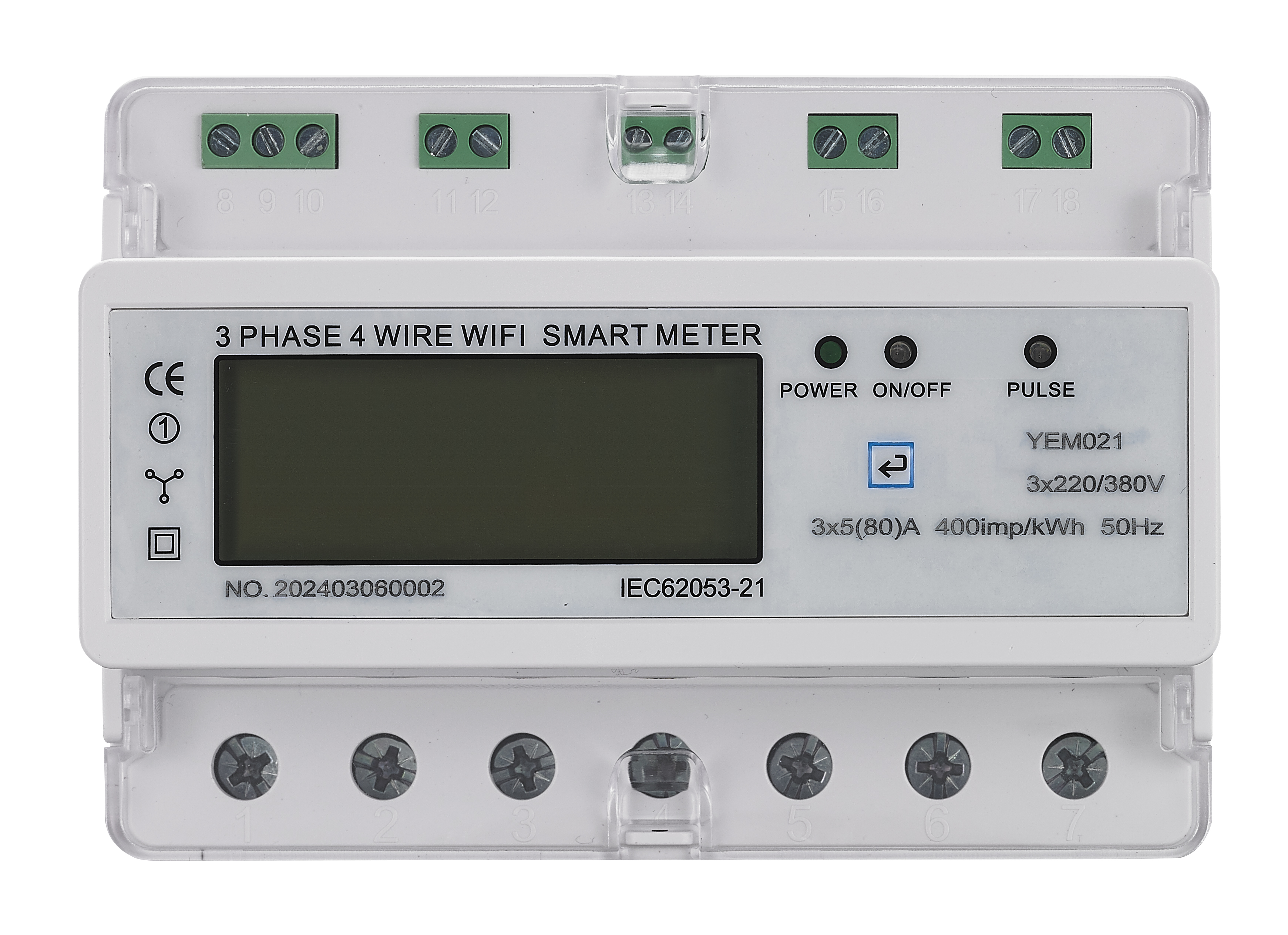 Three Phase 380V Four Wire 7P Remote Reading and Control WIFI Din Rail Smart Energy Meter With Relay Can Use APP
