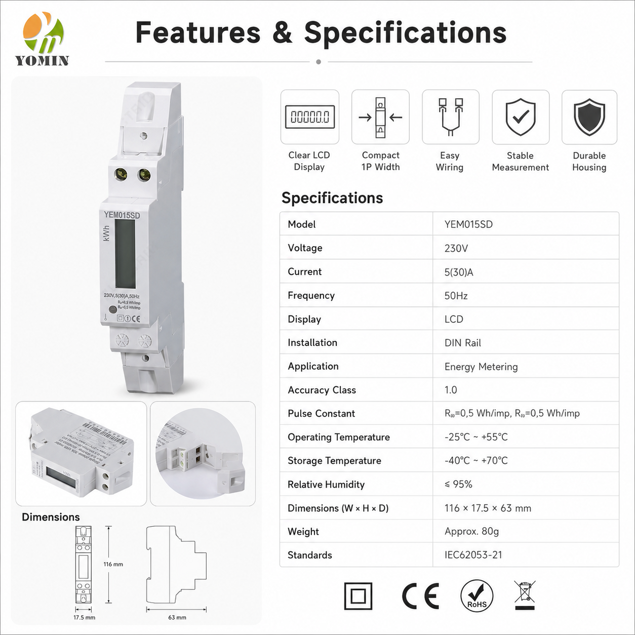 High-Precision Electric Energy Meter Intelligent Single Phase Digital Display Meter DIN Rail Energy Meter for Energy Monitor